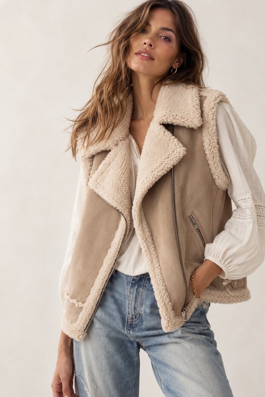 Joie Faux Shearling Moto Vest Sherpa Lined Beige Women’s Medium Aviator